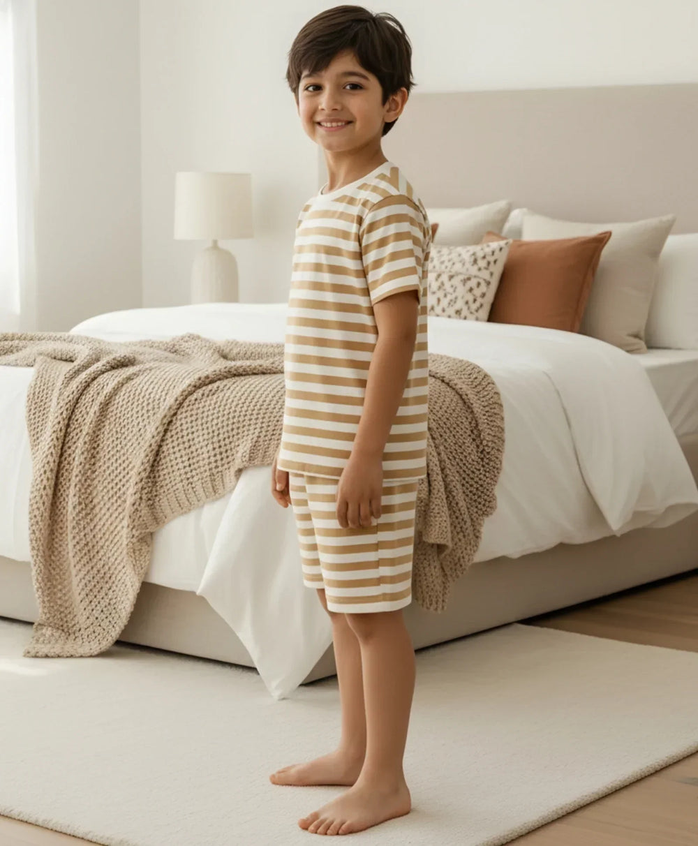 BEIGE WHITE STRIPE SLEEPWEAR SHORT SET - BEIGE/WHITE - Anthrilo 