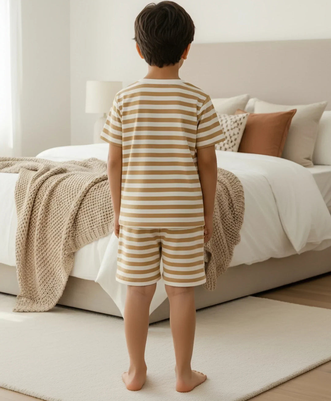 BEIGE WHITE STRIPE SLEEPWEAR SHORT SET - BEIGE/WHITE - Anthrilo 