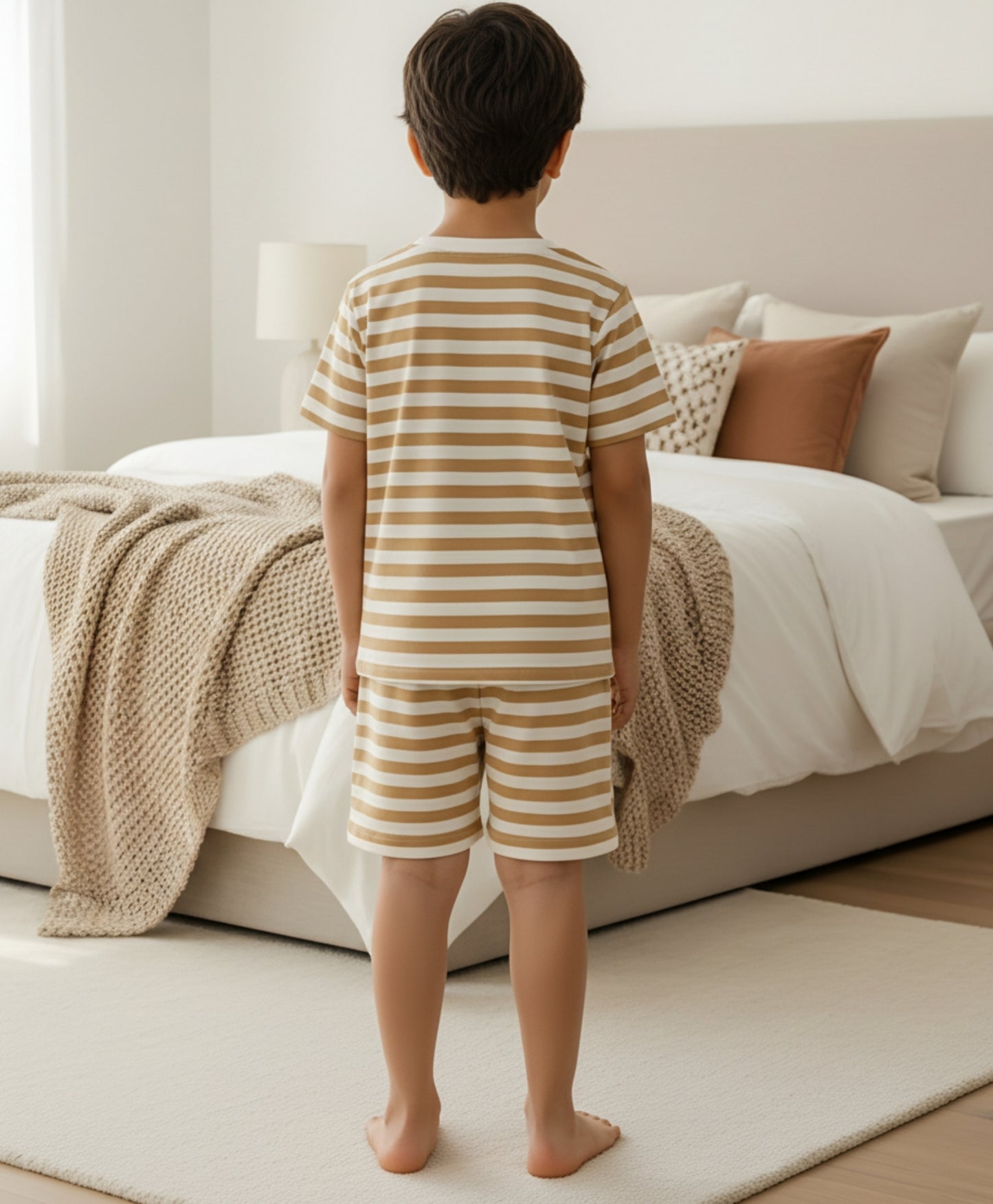 BEIGE WHITE STRIPE SLEEPWEAR SHORT SET - BEIGE/WHITE