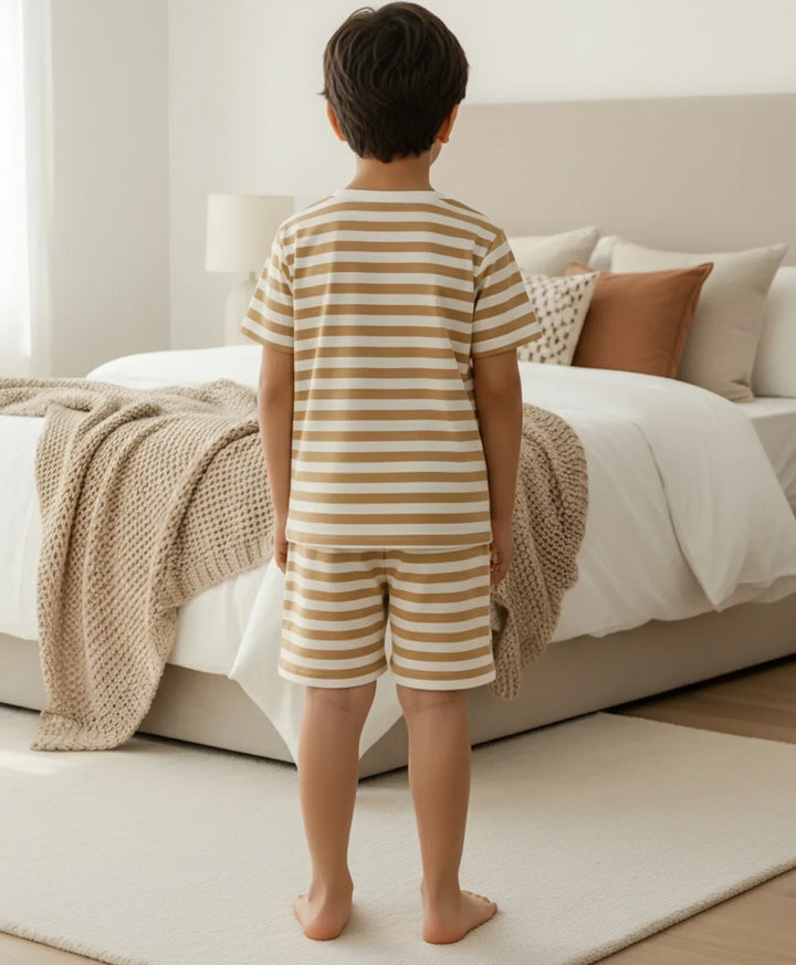 BEIGE WHITE STRIPE SLEEPWEAR SHORT SET - BEIGE/WHITE - Anthrilo 