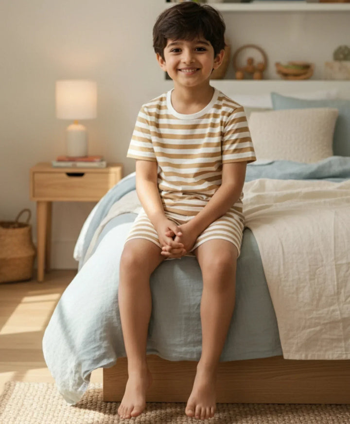 BEIGE WHITE STRIPE SLEEPWEAR SHORT SET - BEIGE/WHITE - Anthrilo 