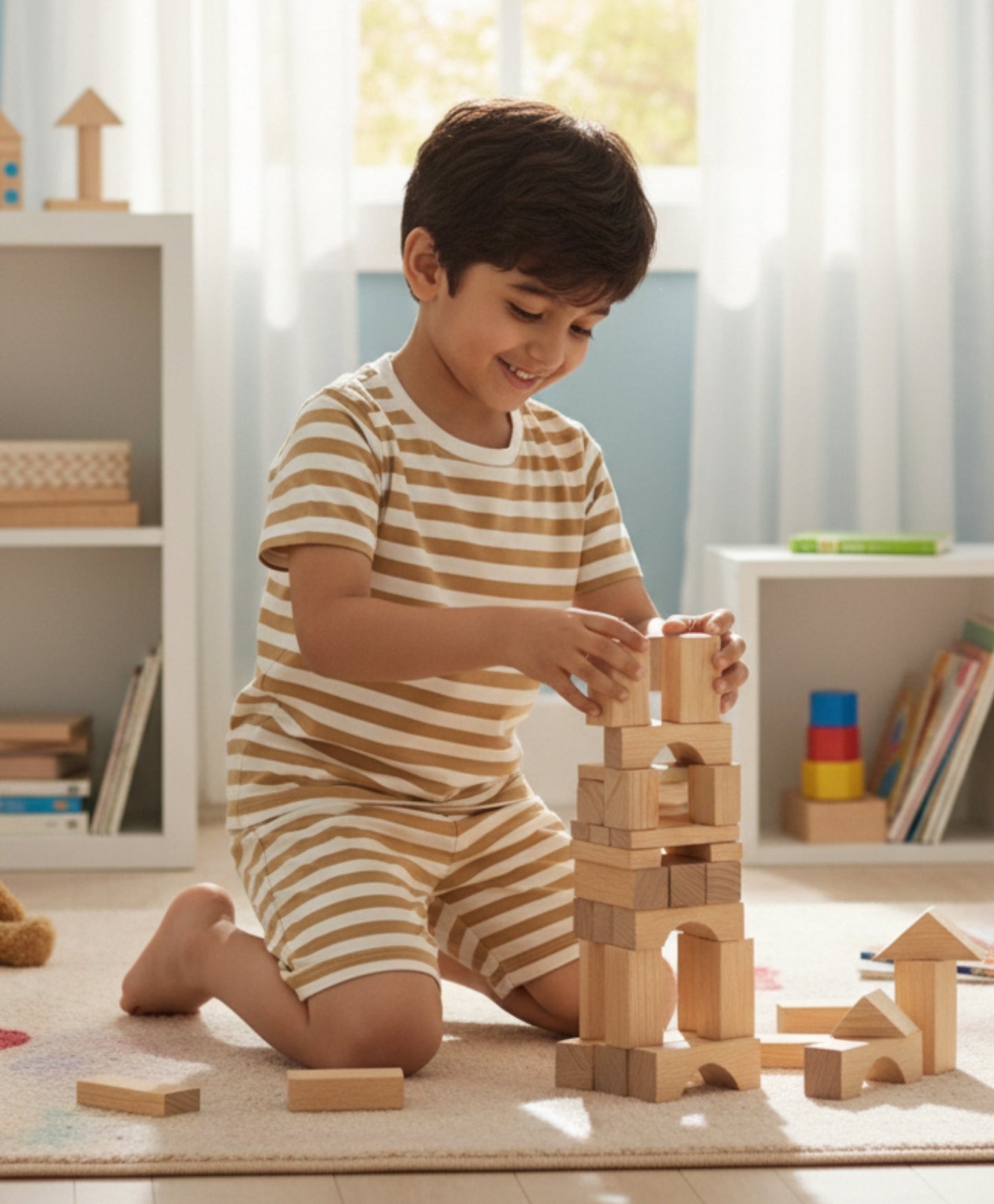 BEIGE WHITE STRIPE SLEEPWEAR SHORT SET - BEIGE/WHITE