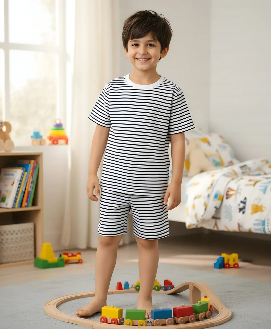 BLACK WHITE STRIPE SLEEPWEAR SHORT SET - BLACK/WHITE - Anthrilo 