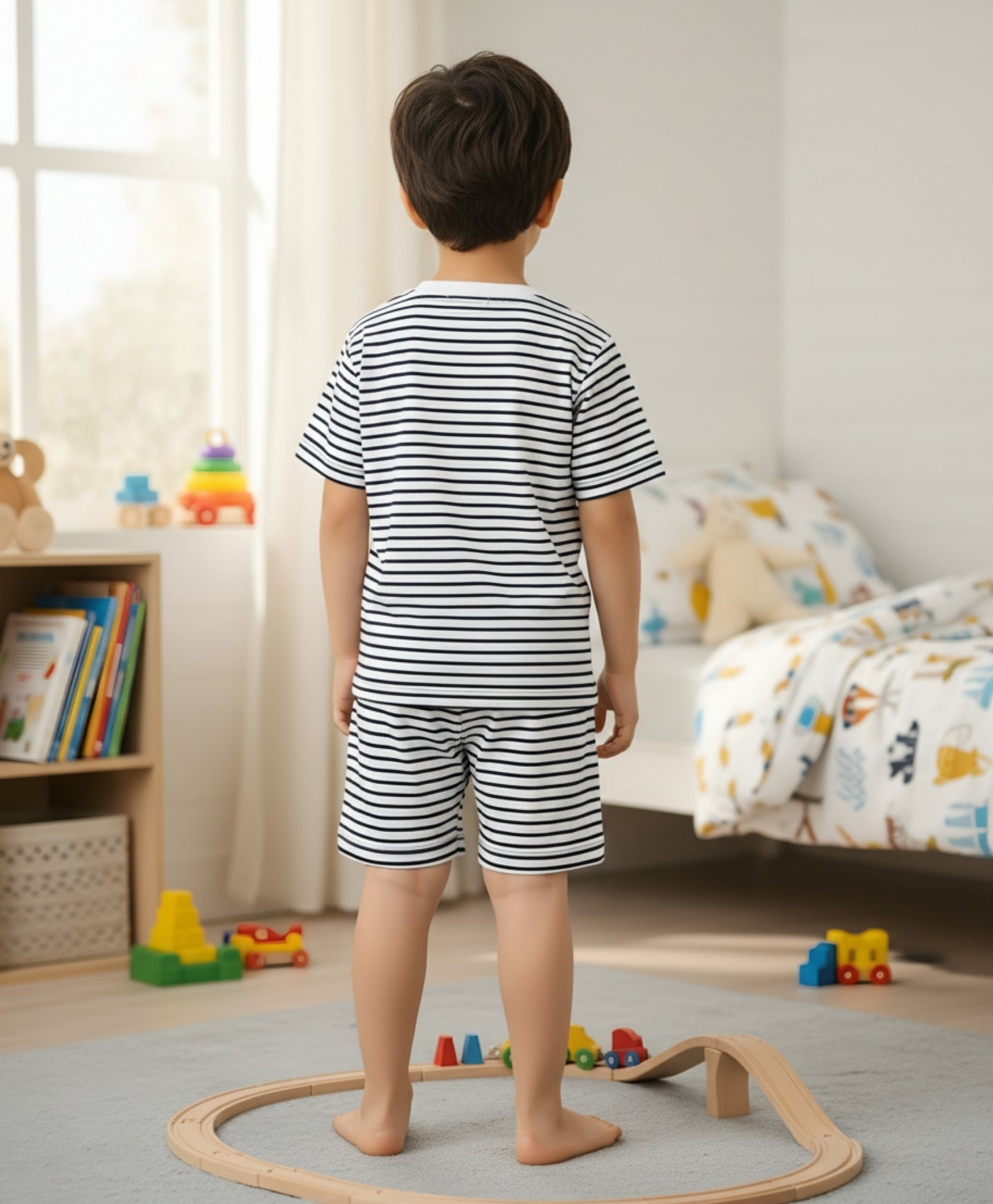 BLACK WHITE STRIPE SLEEPWEAR SHORT SET - BLACK/WHITE