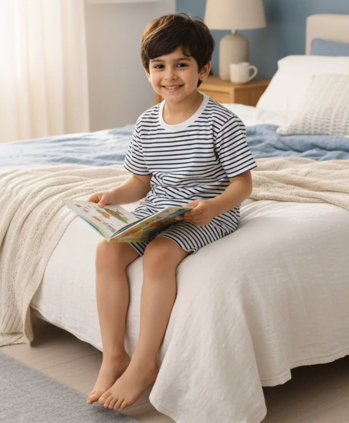 BLACK WHITE STRIPE SLEEPWEAR SHORT SET - BLACK/WHITE - Anthrilo 
