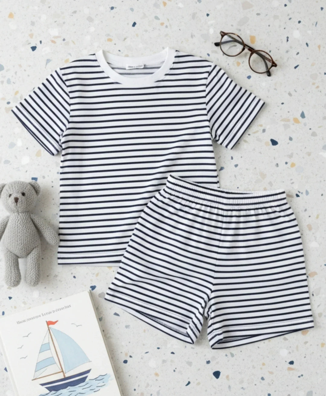 BLACK WHITE STRIPE SLEEPWEAR SHORT SET - BLACK/WHITE - Anthrilo 