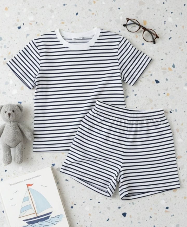 BLACK WHITE STRIPE SLEEPWEAR SHORT SET - BLACK/WHITE - Anthrilo 
