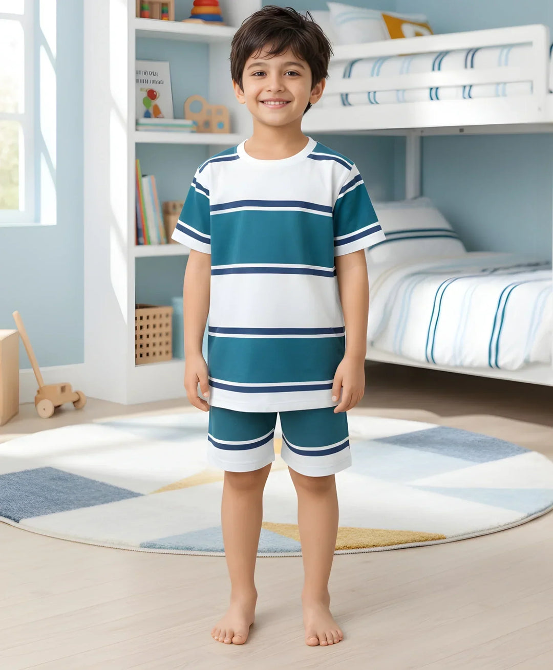 OIL GREEN NAVY WHITE STRIPE SLEEPWEAR SHORT SET - OIL GREEN/NAVY/WHITE - Anthrilo 