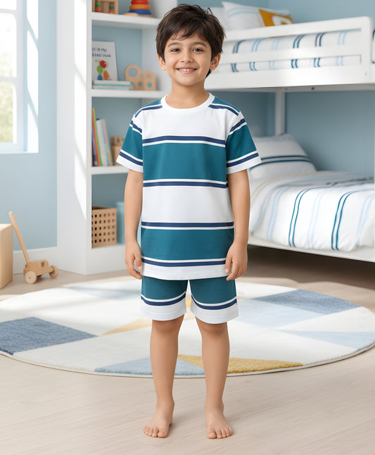 OIL GREEN NAVY WHITE STRIPE SLEEPWEAR SHORT SET - OIL GREEN/NAVY/WHITE
