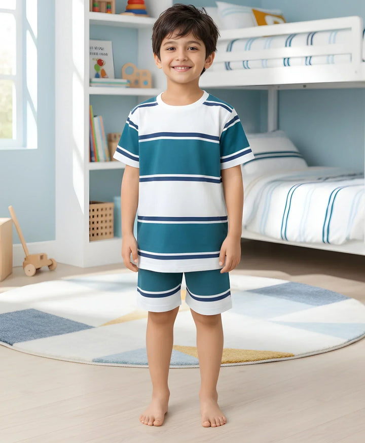 OIL GREEN NAVY WHITE STRIPE SLEEPWEAR SHORT SET - OIL GREEN/NAVY/WHITE - Anthrilo 