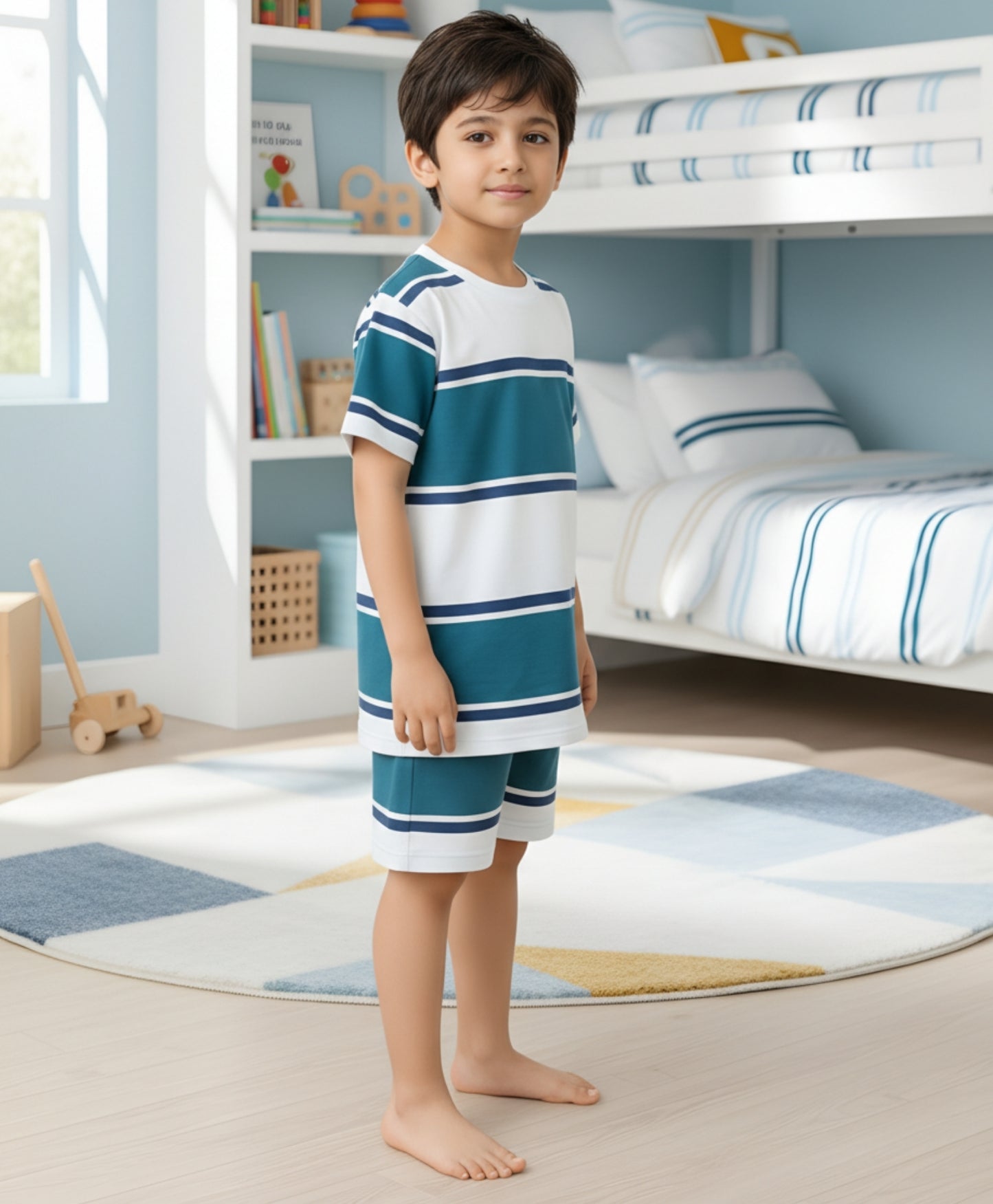 OIL GREEN NAVY WHITE STRIPE SLEEPWEAR SHORT SET - OIL GREEN/NAVY/WHITE