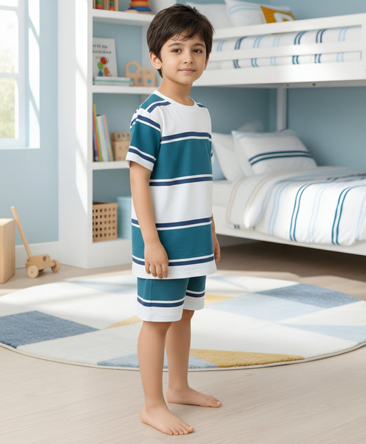 OIL GREEN NAVY WHITE STRIPE SLEEPWEAR SHORT SET - OIL GREEN/NAVY/WHITE