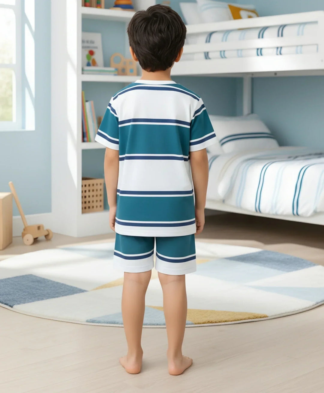 OIL GREEN NAVY WHITE STRIPE SLEEPWEAR SHORT SET - OIL GREEN/NAVY/WHITE - Anthrilo 
