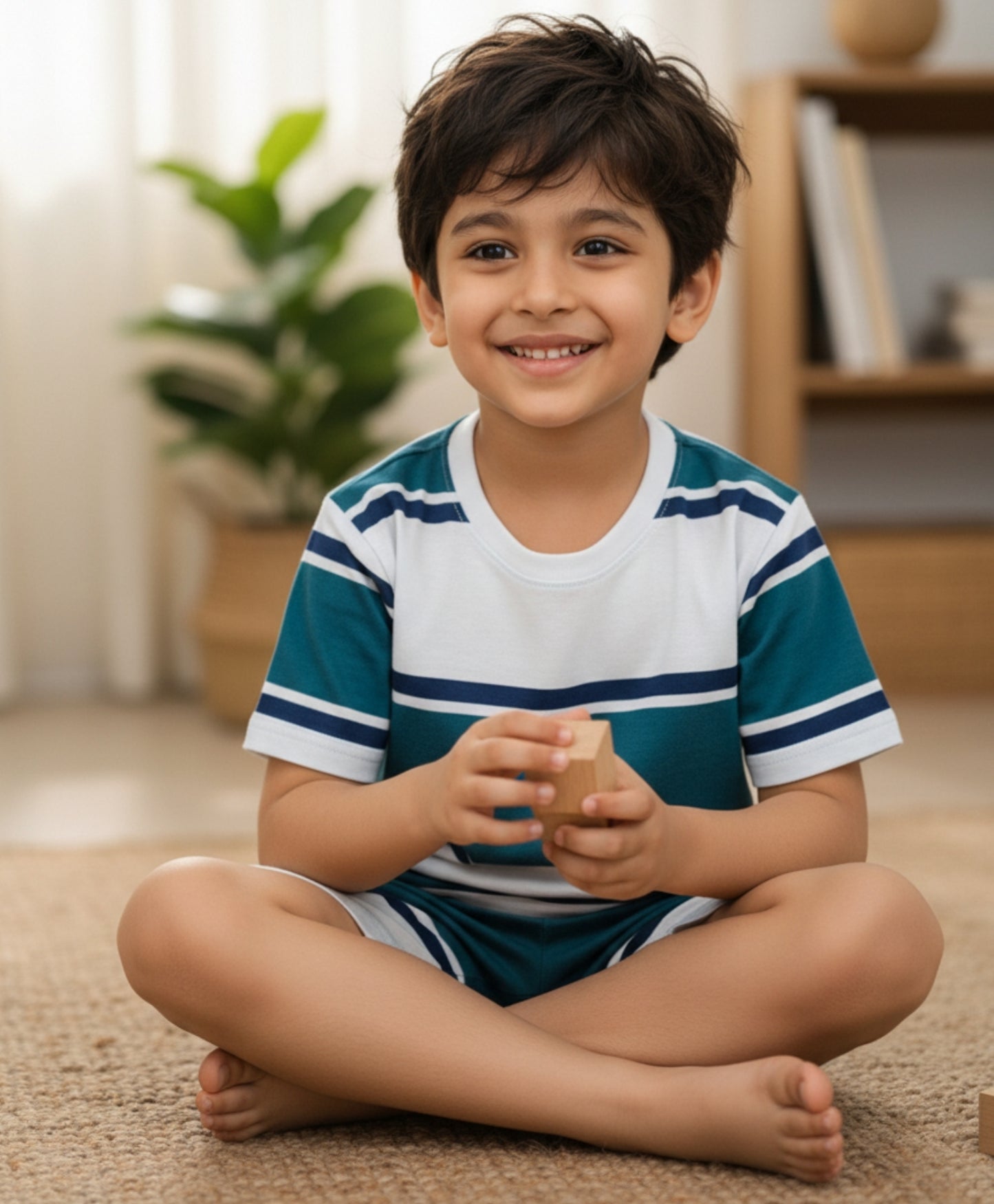 OIL GREEN NAVY WHITE STRIPE SLEEPWEAR SHORT SET - OIL GREEN/NAVY/WHITE