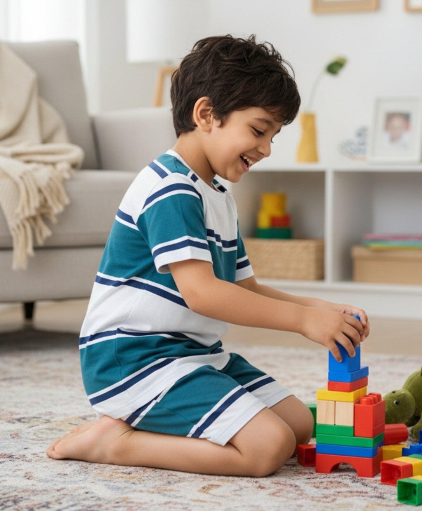 OIL GREEN NAVY WHITE STRIPE SLEEPWEAR SHORT SET - OIL GREEN/NAVY/WHITE