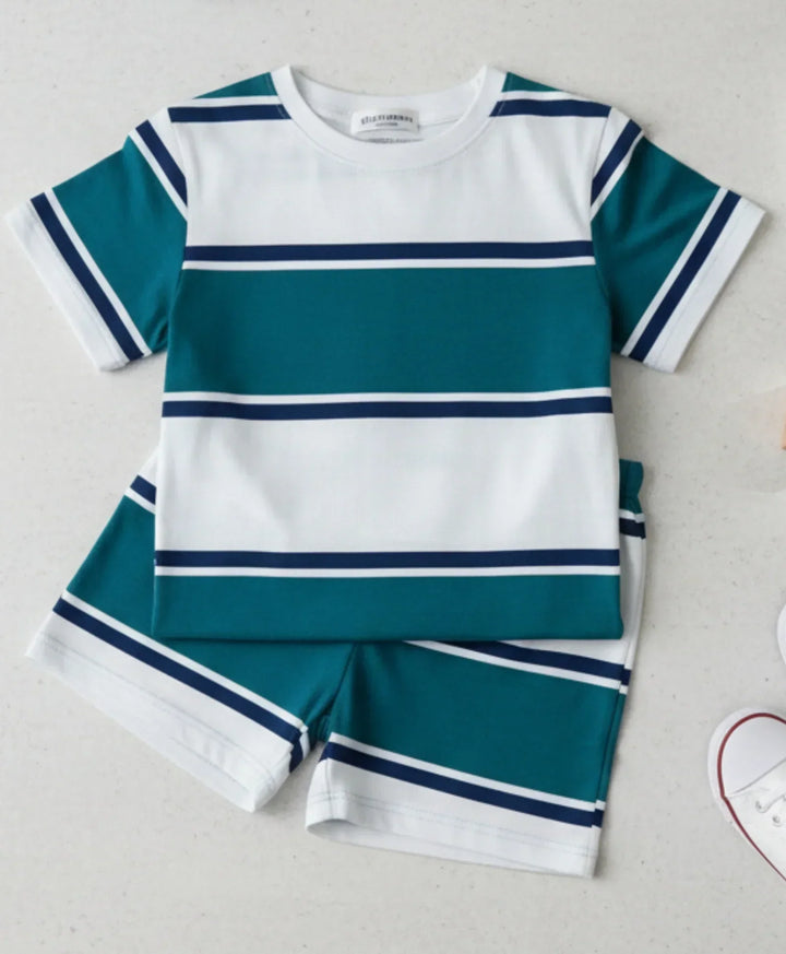 OIL GREEN NAVY WHITE STRIPE SLEEPWEAR SHORT SET - OIL GREEN/NAVY/WHITE - Anthrilo 