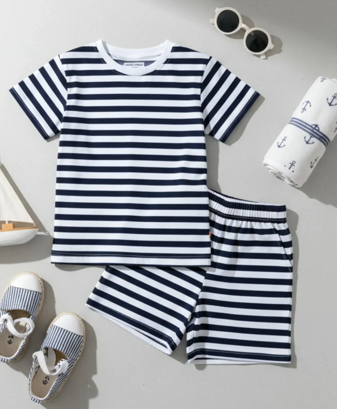 Navy White Stripe Girls Sleepwear Short Set - Navy/White