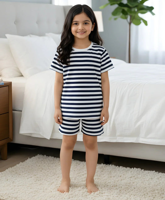 NAVY WHITE STRIPE GIRLS SLEEPWEAR SHORT SET - NAVY/WHITE