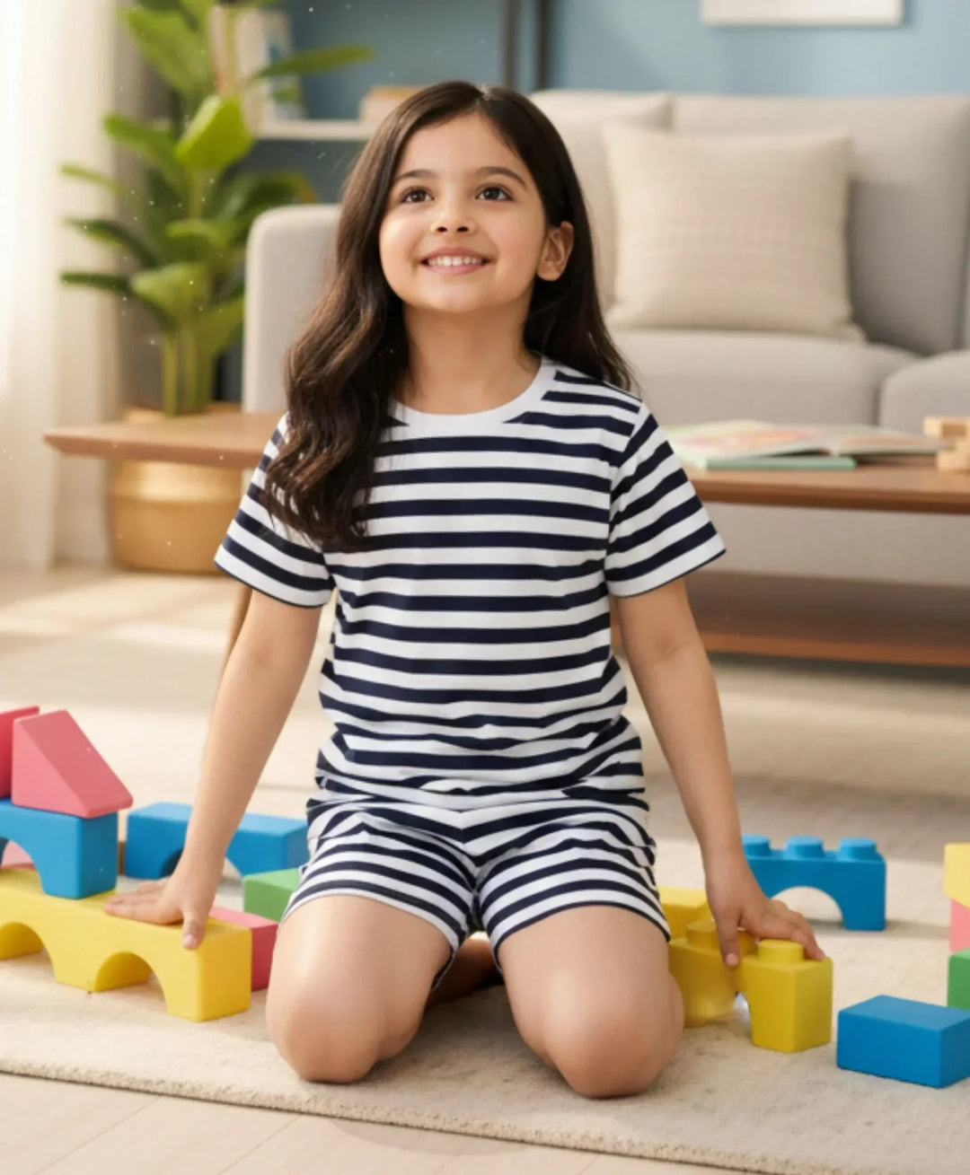 Navy White Stripe Girls Sleepwear Short Set - Navy/White