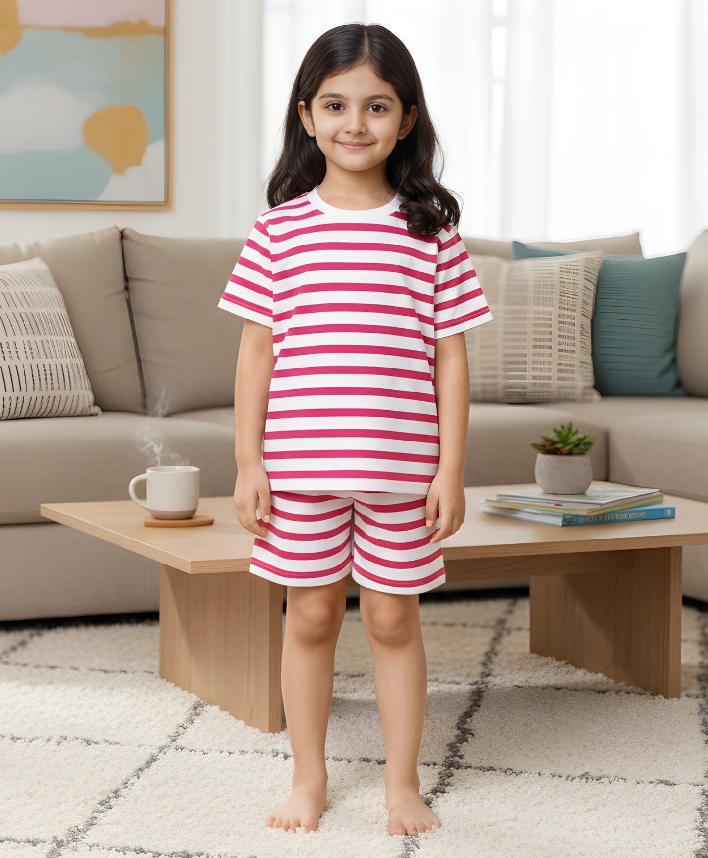 RED WHITE STRIPE GIRLS SLEEPWEAR SHORT SET - RED/WHITE