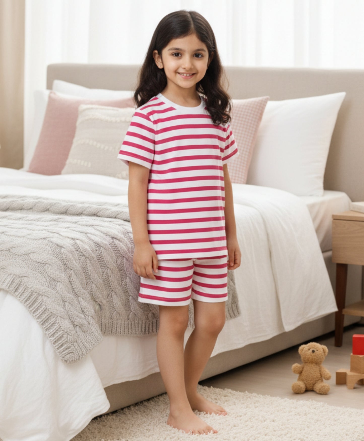 RED WHITE STRIPE GIRLS SLEEPWEAR SHORT SET - RED/WHITE