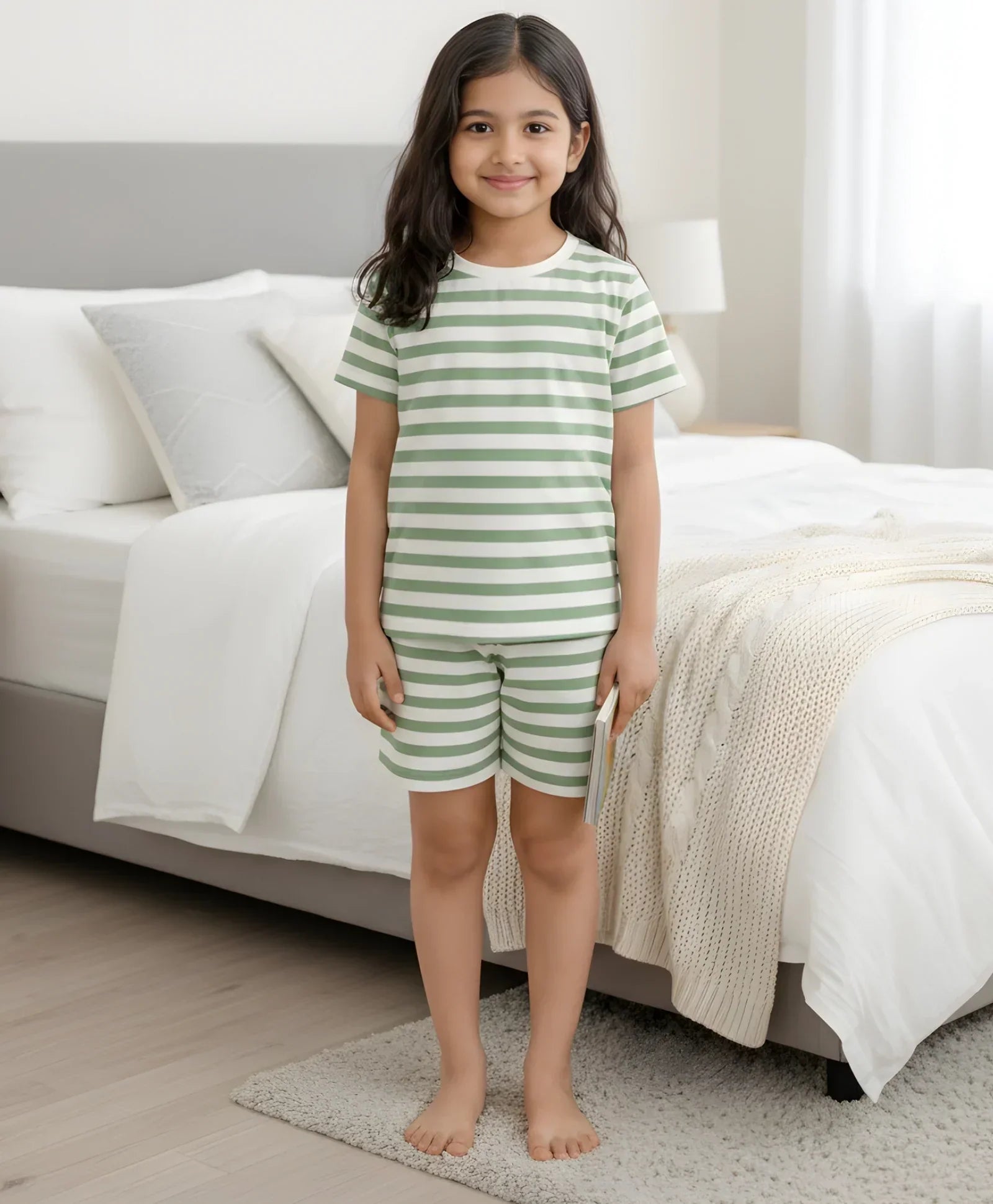 GREEN WHITE STRIPE GIRLS SLEEPWEAR SHORT SET - GREEN/WHITE - Anthrilo 