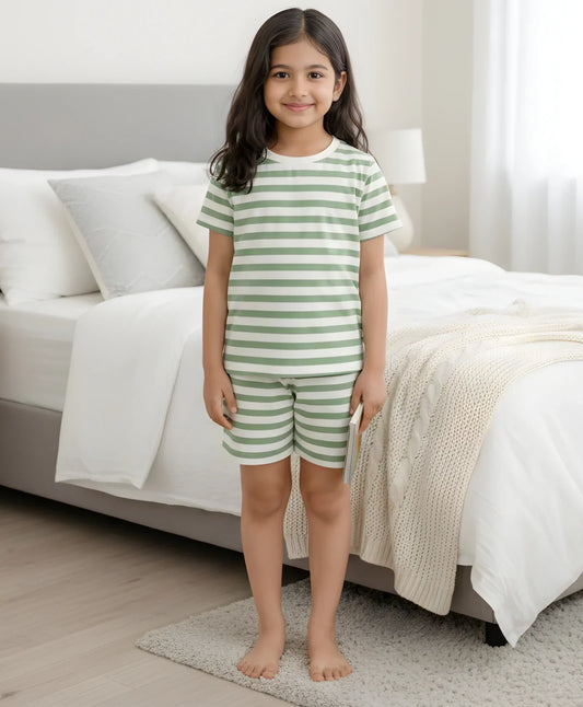 GREEN WHITE STRIPE GIRLS SLEEPWEAR SHORT SET - GREEN/WHITE - Anthrilo 