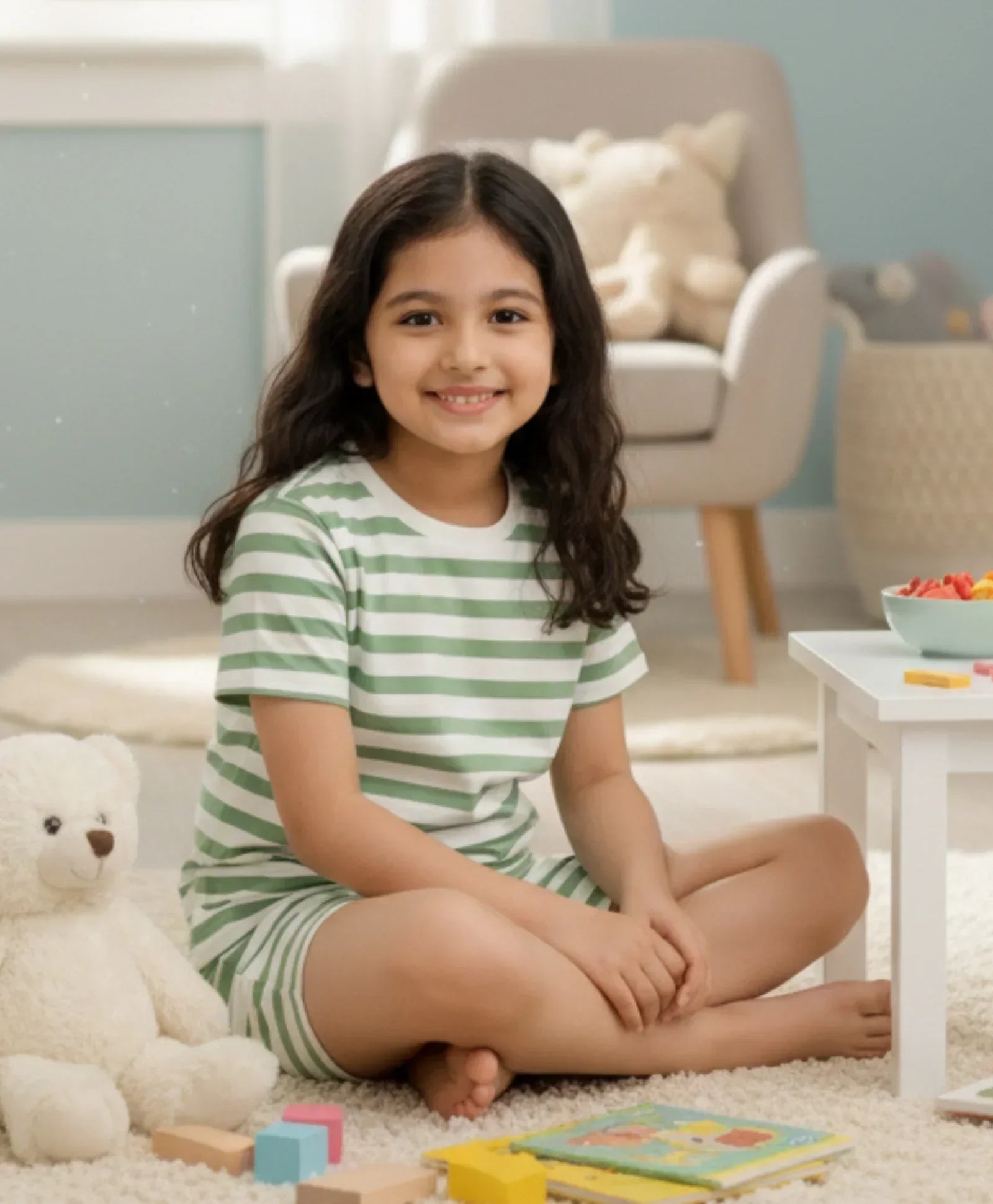 GREEN WHITE STRIPE GIRLS SLEEPWEAR SHORT SET - GREEN/WHITE - Anthrilo 