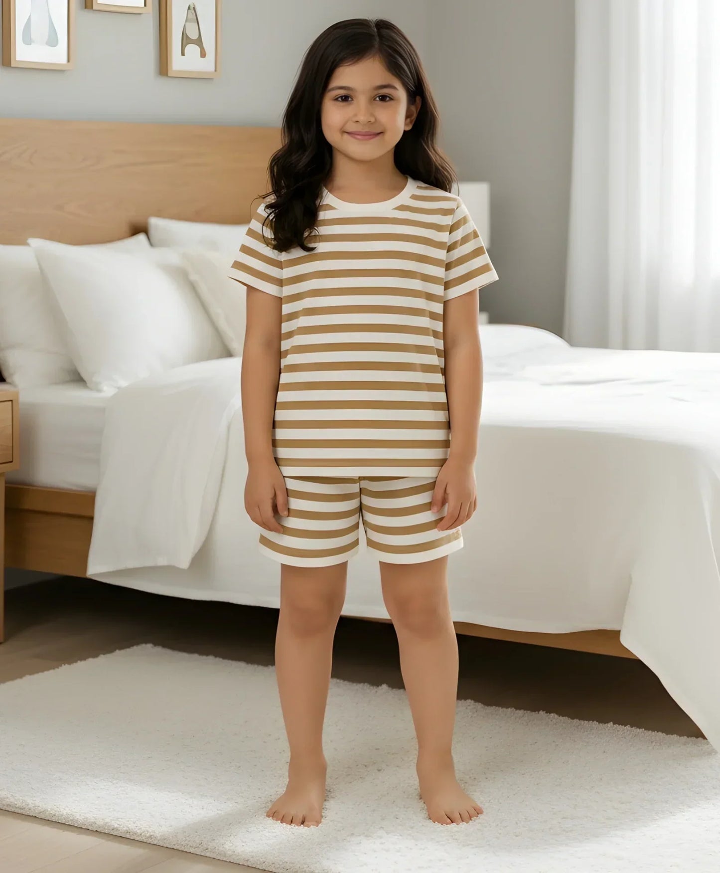 BEIGE WHITE STRIPE GIRLS SLEEPWEAR SHORT SET - BEIGE/WHITE - Anthrilo 