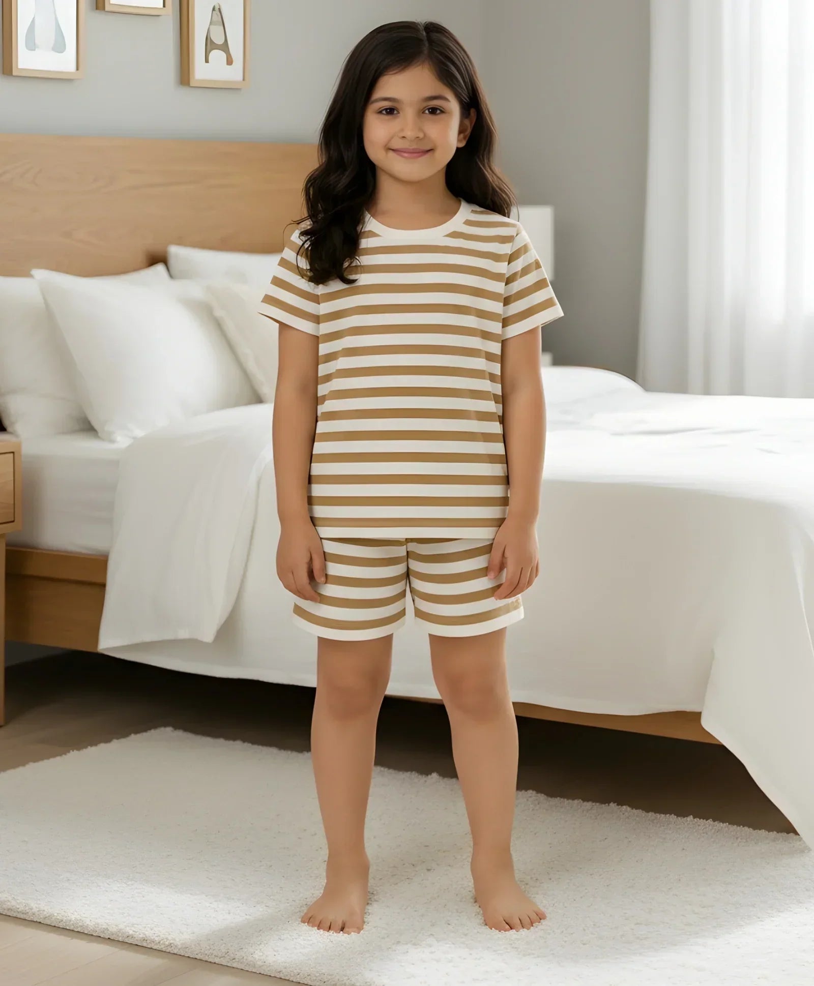 BEIGE WHITE STRIPE GIRLS SLEEPWEAR SHORT SET - BEIGE/WHITE - Anthrilo 