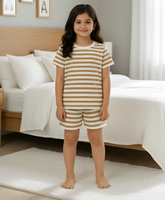 BEIGE WHITE STRIPE GIRLS SLEEPWEAR SHORT SET - BEIGE/WHITE - Anthrilo 