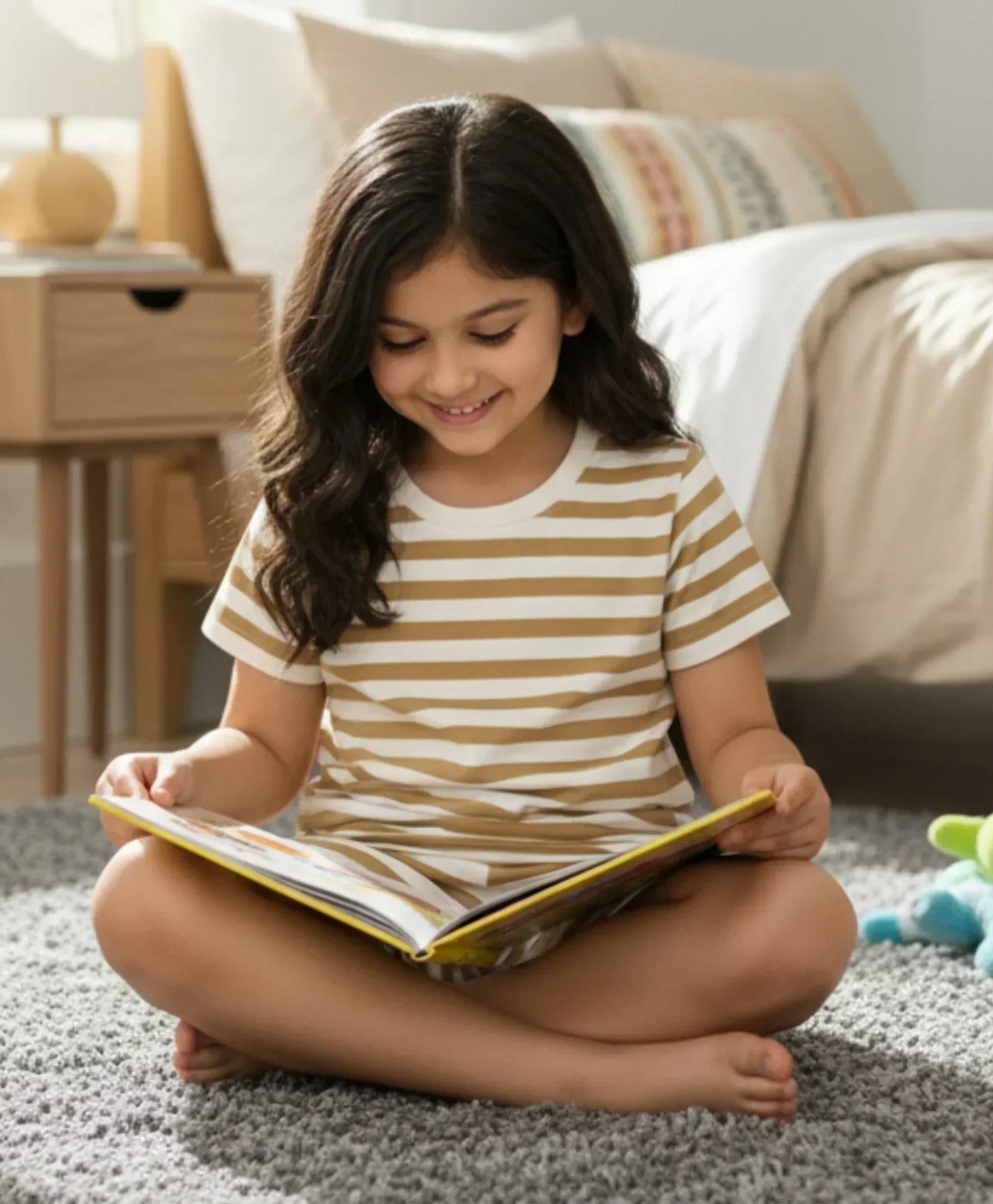 BEIGE WHITE STRIPE GIRLS SLEEPWEAR SHORT SET - BEIGE/WHITE - Anthrilo 