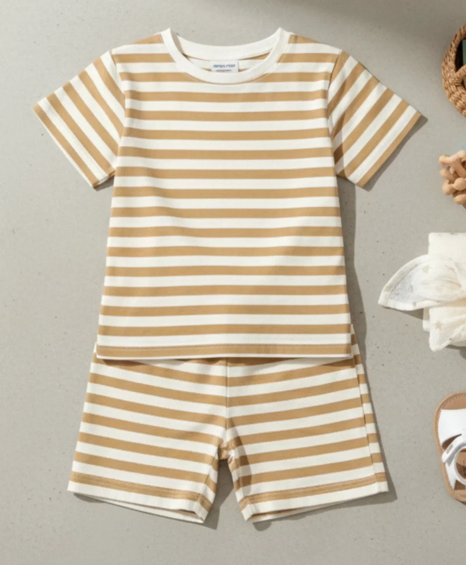 BEIGE WHITE STRIPE GIRLS SLEEPWEAR SHORT SET - BEIGE/WHITE - Anthrilo 