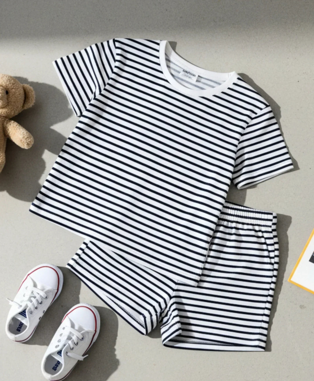BLACK WHITE STRIPE GIRLS SLEEPWEAR SHORT SET - BLACK/WHITE - Anthrilo 