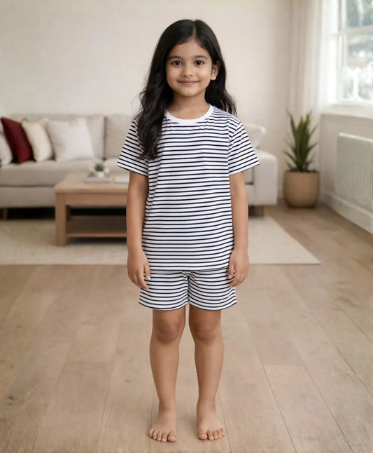 BLACK WHITE STRIPE GIRLS SLEEPWEAR SHORT SET - BLACK/WHITE - Anthrilo 