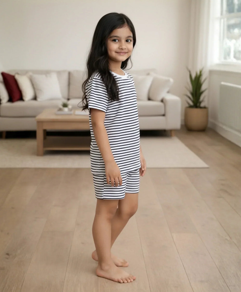 BLACK WHITE STRIPE GIRLS SLEEPWEAR SHORT SET - BLACK/WHITE - Anthrilo 