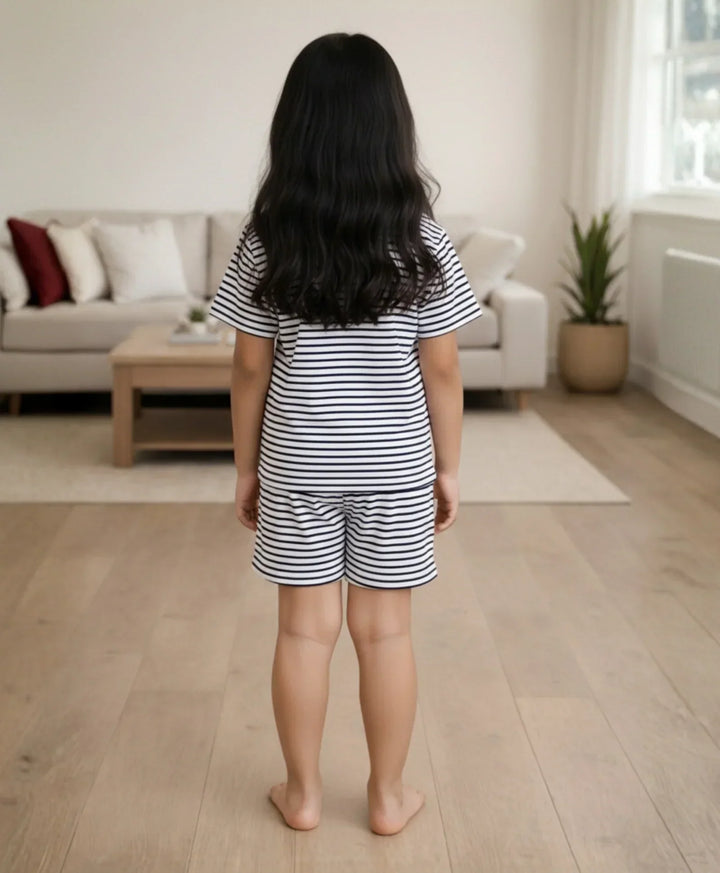 BLACK WHITE STRIPE GIRLS SLEEPWEAR SHORT SET - BLACK/WHITE - Anthrilo 