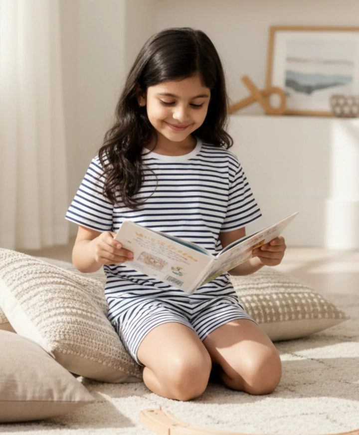 BLACK WHITE STRIPE GIRLS SLEEPWEAR SHORT SET - BLACK/WHITE - Anthrilo 