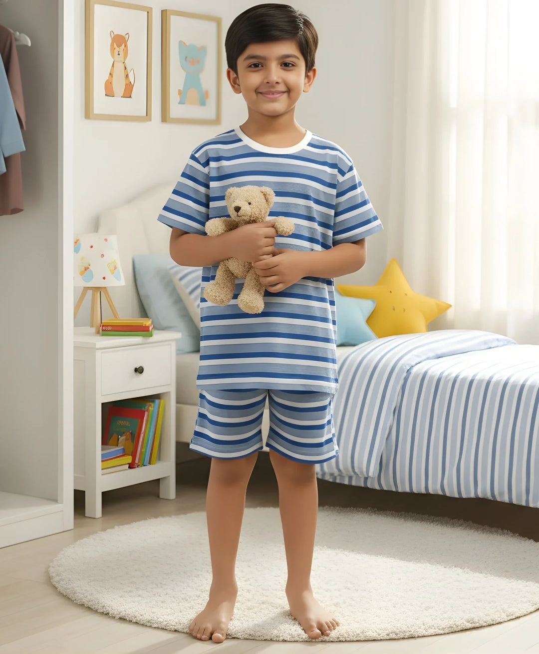 Ecru Royal Stripe Sleepwear Short Set - Royal/Navy