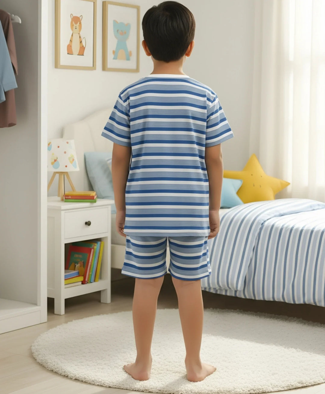 Ecru Royal Stripe Sleepwear Short Set - Royal/Navy