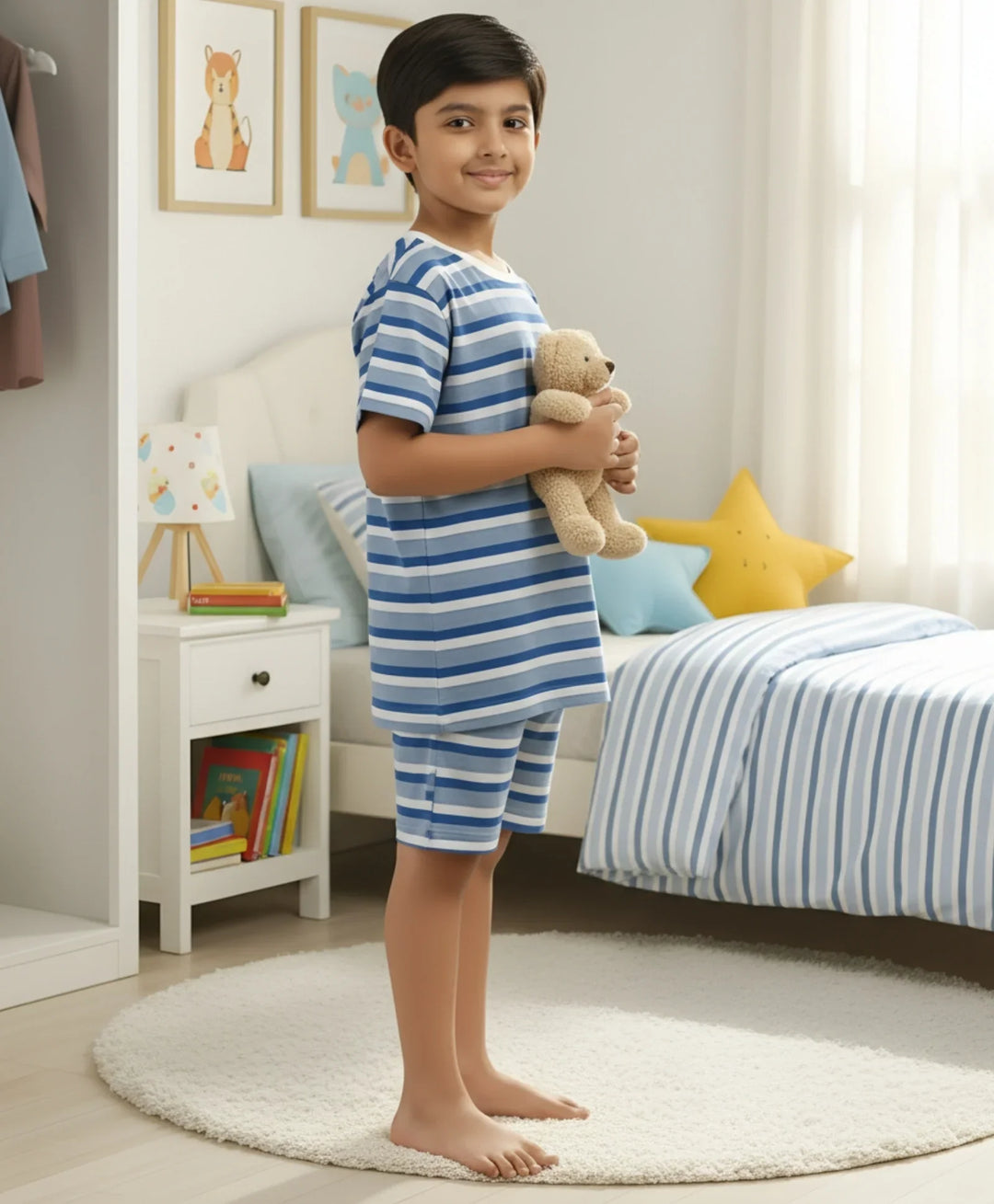 Ecru Royal Stripe Sleepwear Short Set - Royal/Navy