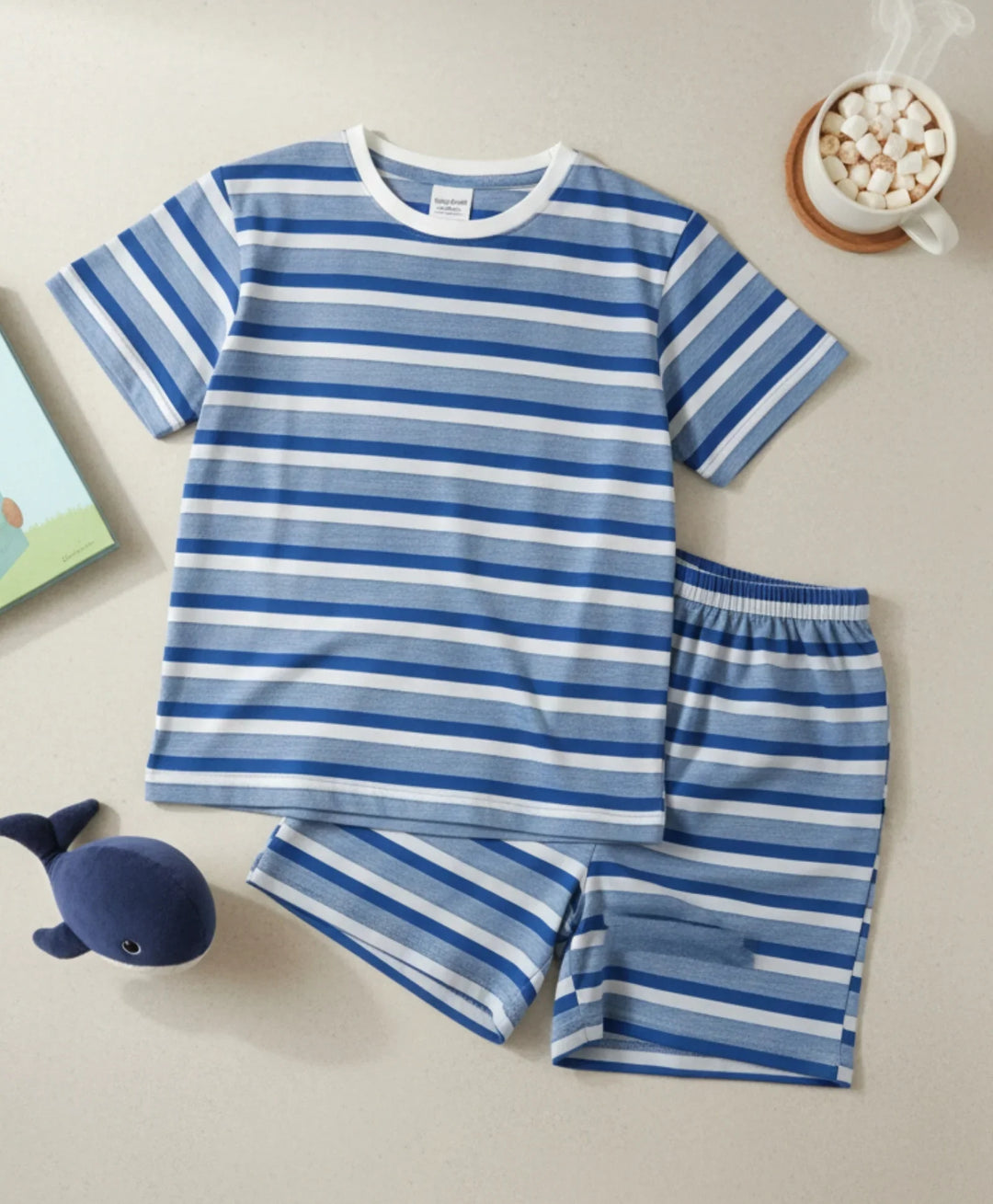 Ecru Royal Stripe Sleepwear Short Set - Royal/Navy