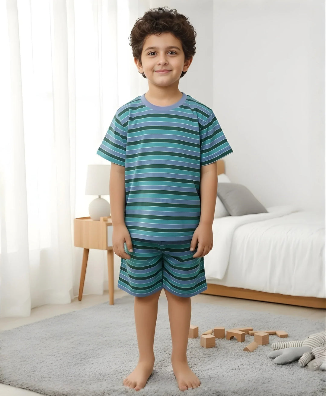 Green Olive Blue Stripe Sleepwear Short Set - Green/Blue