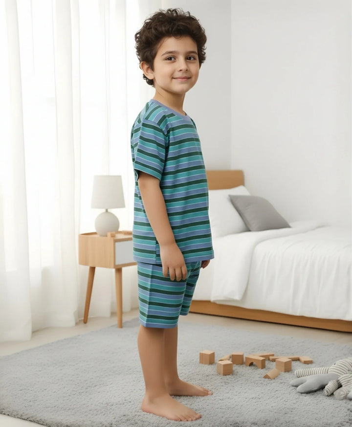 Green Olive Blue Stripe Sleepwear Short Set - Green/Blue