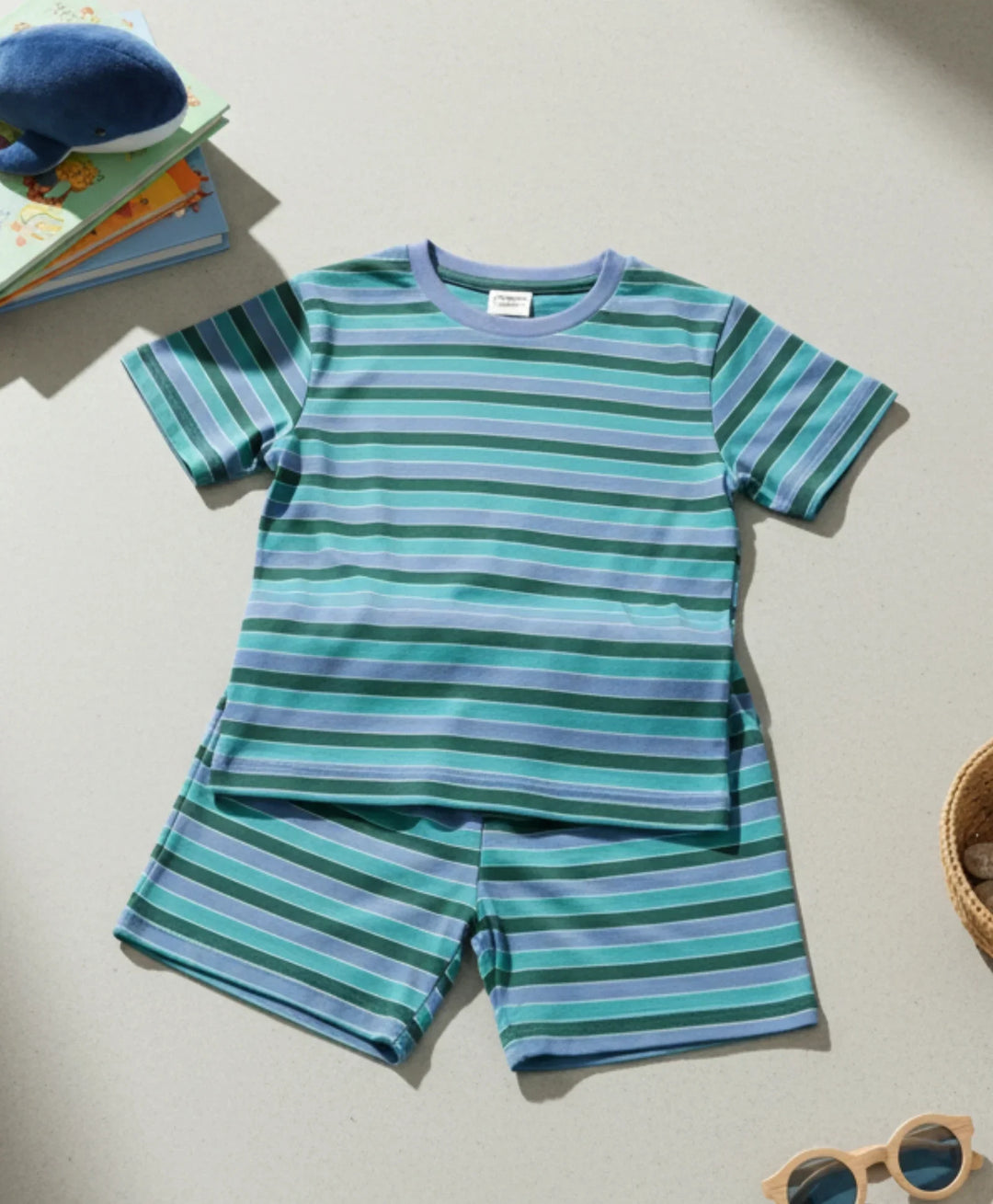 Green Olive Blue Stripe Sleepwear Short Set - Green/Blue