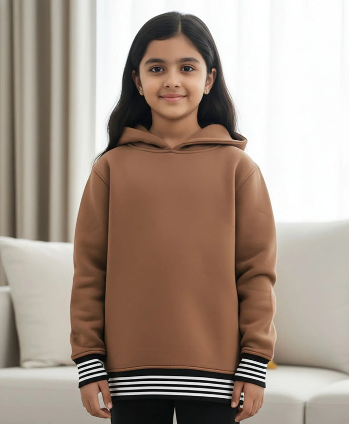 BROWN BASIC RIBBED GIRLS FLEECE HOODIE - BROWN