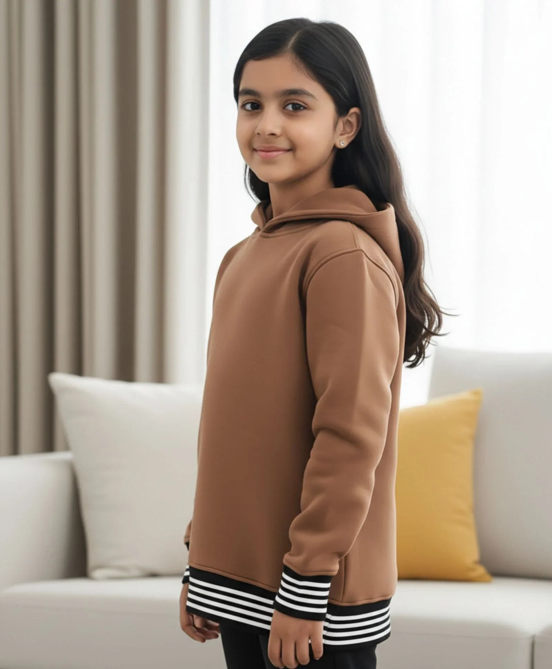 BROWN BASIC RIBBED GIRLS FLEECE HOODIE - BROWN