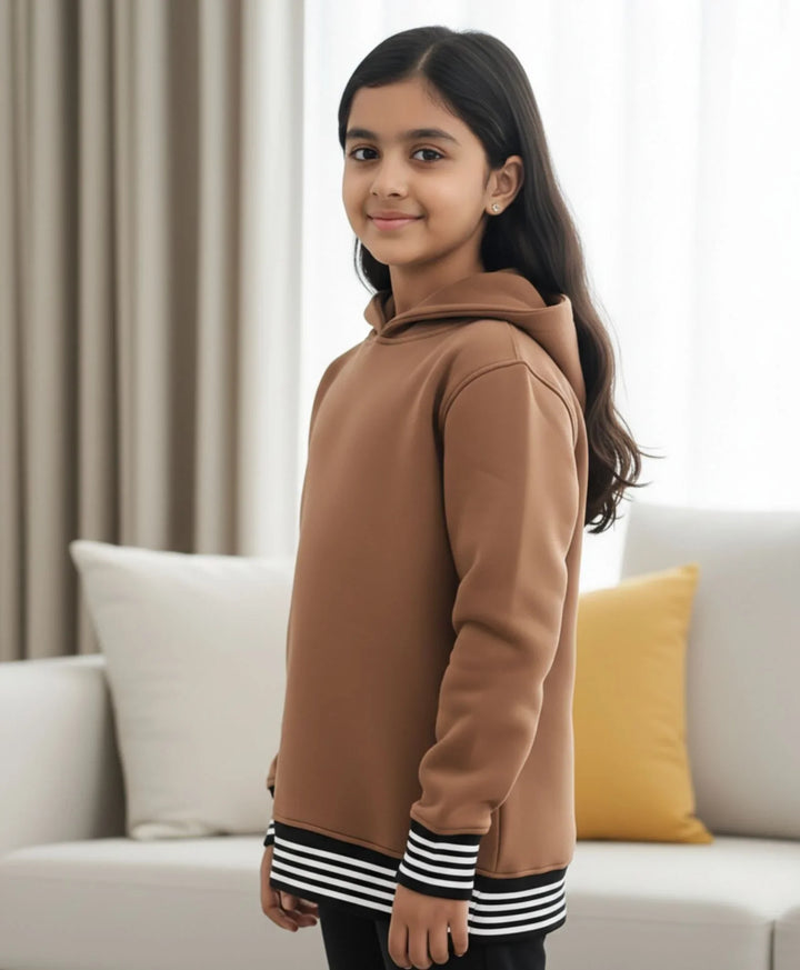 BROWN BASIC RIBBED GIRLS FLEECE HOODIE - BROWN