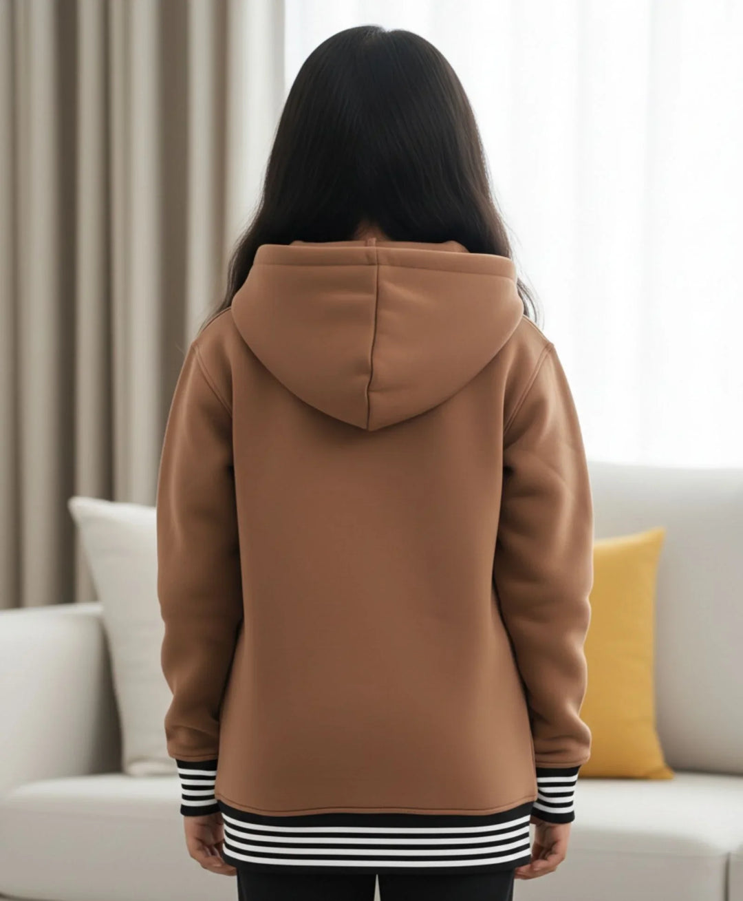 BROWN BASIC RIBBED GIRLS FLEECE HOODIE - BROWN