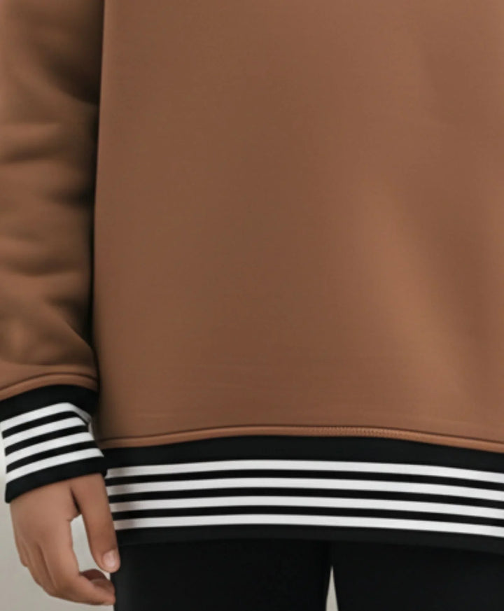 BROWN BASIC RIBBED GIRLS FLEECE HOODIE - BROWN